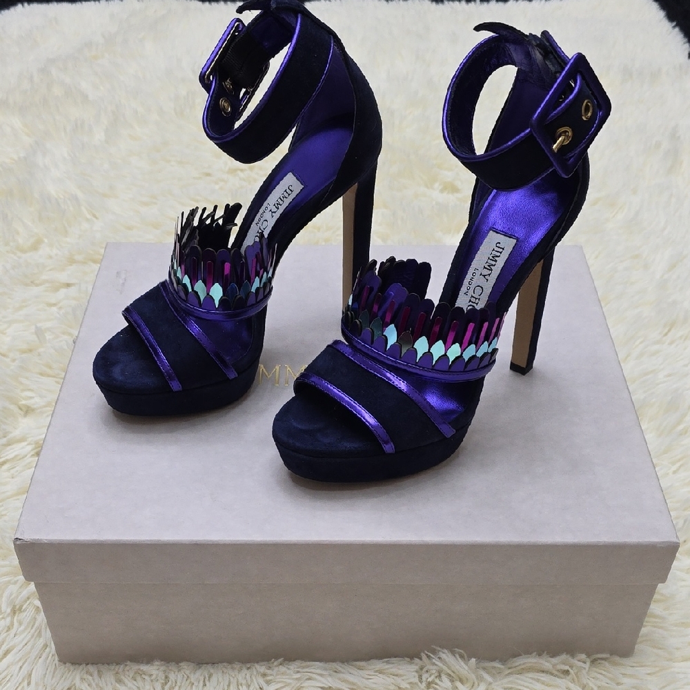 Jimmy Choo Purple and Teal Metallic Fringe Ankle-Strap Stiletto Heels